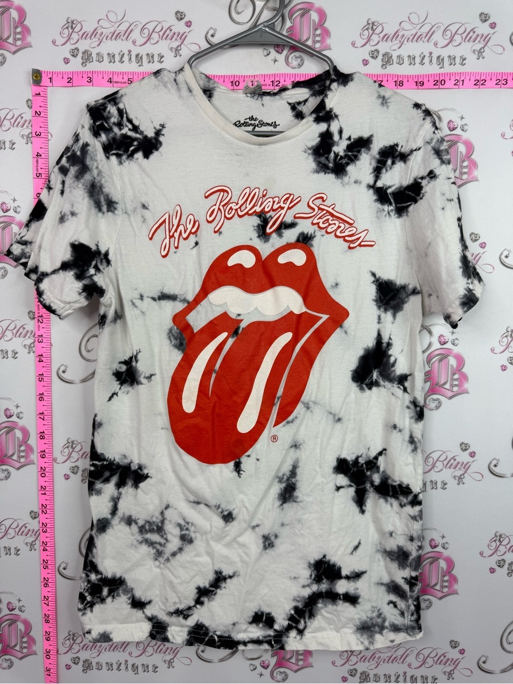 the Rolling Stones Black & White Tie-Dye Tee with Red Tongue Logo